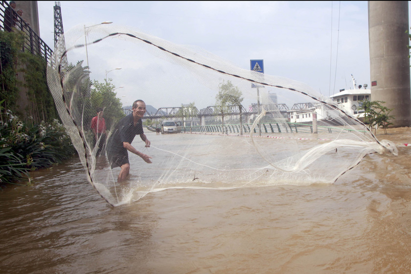 水位暴涨 柳州市民街头撒网捕鱼
