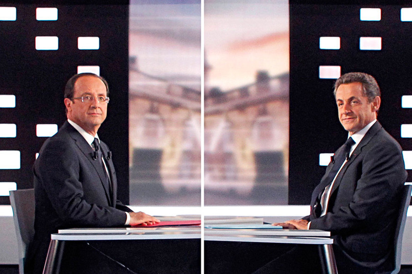 2012年5月2日，法国总统候选人萨科齐和奥朗德举行电视辩论。 PATRICK KOVARIK/东方IC _法国新任总统奥朗德