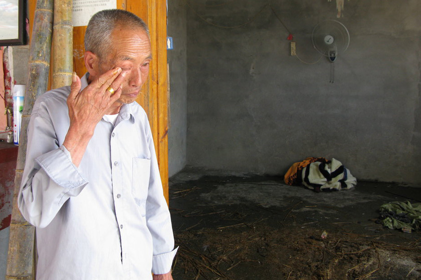 2012年6月28日，浙江泰顺，饲养者蔡为家因猪王的离去抹泪。  林小勇/CFP_体重2000斤活了9年 浙江“猪王”寿终正寝