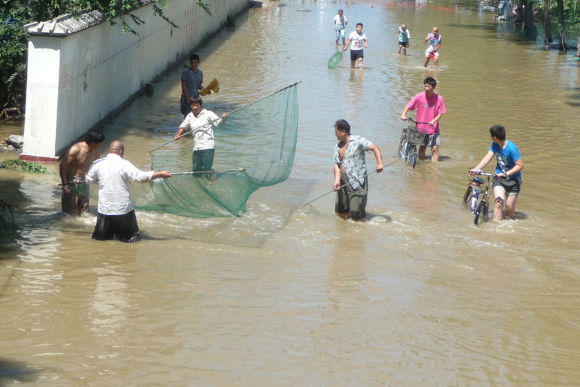 7月22日上午，北京，周边的部分村民在水中撒网捞鱼。  金闻/CFP_直击北京房山暴雨重灾区现场
