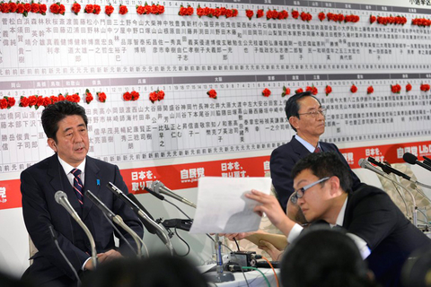 2012年12月16日，日本东京，日本自民党秘书长石破茂和党首安倍晋三在党总部举行媒体见面会。    CFP