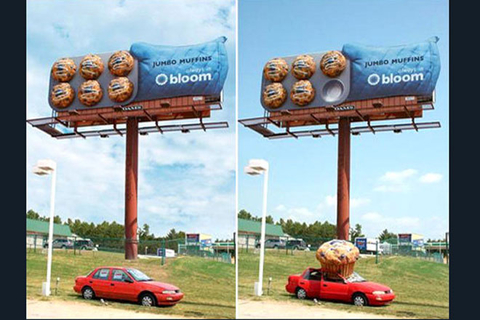 蛋糕广告：美国Bloom超市曾使用左图中的3D蛋糕宣传他们的Bloomberry松饼。不久，该海报就换成了如右图所示的样子，一个巨型松饼压在了一辆出租汽车上。