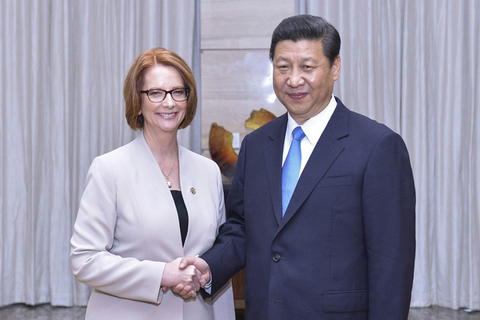 4月7日，中国国家主席习近平在海南省博鳌会见澳大利亚总理吉拉德。   王晔/新华社