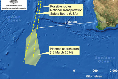 当地时间2014年3月20日，澳大利亚海事安全局提供的图片显示了该局对马航失联航班的搜索范围。