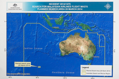 当地时间2014年3月20日，澳大利亚海事安全局提供的图片显示了该局对马航失联航班的搜索范围。