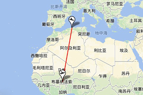 阿尔及利亚航空失联飞机飞行路径。