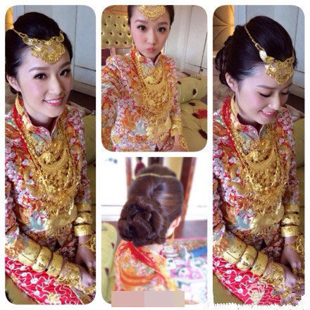 【福州新娘全身黄金首饰】近日网传一组福建泉州新娘的嫁妆图，新娘不仅全身戴满黄金首饰，更传言手臂戴满金手镯是标配。曝光的嫁妆中，千万的别墅、聘金都“闪瞎”不少网友。     图片来源网络