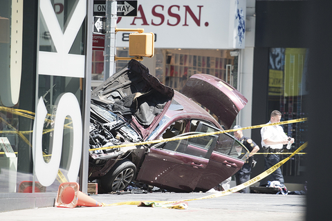 NEW YORK - MAY 18: A general view of accident site a car sped on to a pavement at Times Square