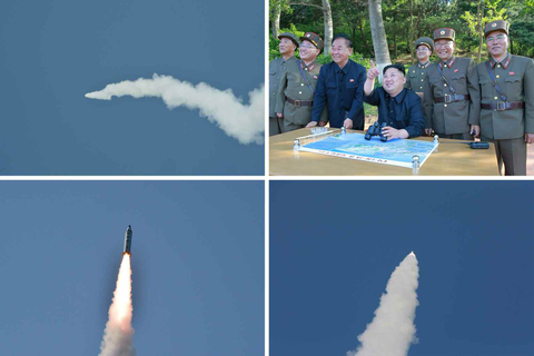 当地时间2017年5月21日，朝鲜，朝鲜试射“北极星-2”型导弹，朝鲜最高领导人金正恩现场观摩导弹发射。图/视觉中国