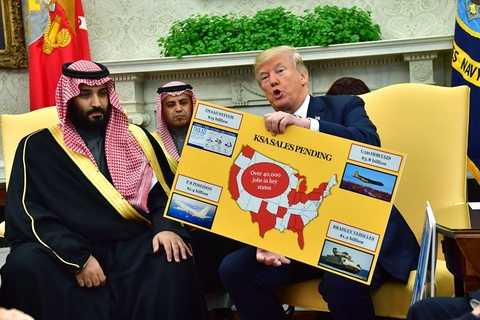 当地时间2018年3月20日，美国华盛顿，沙特阿拉伯王储穆罕默德·本·萨勒曼访问美国，与美国总统特朗普举行会谈。特朗普拿着一张武器装备销售单。图/视觉中国