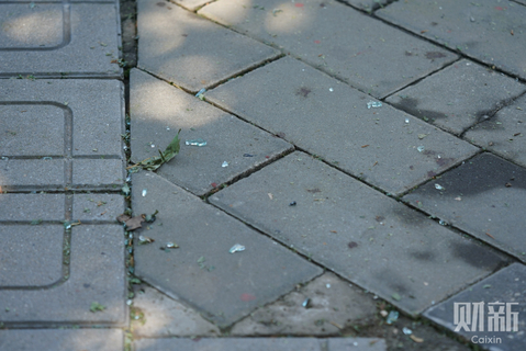 现场地面上的碎玻璃，疑似爆炸所致。据悉，此次爆炸为一名男子点燃一疑似爆竹装置后导致的。爆炸导致该男子手部受伤，无生命危险。目前该男子已被控制并送医治疗，现场无其他人员受伤。图/财新记者 夏伟聪