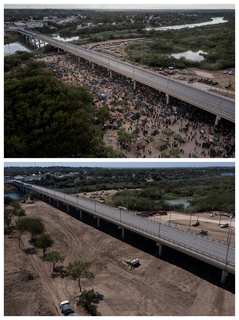 当地时间2021年9月24日,美国国土安全部长马约卡斯于宣布，最后一批海地移民已从得克萨斯州“德尔里奥跨国大桥”和附近的营地中撤离。马约卡斯当日在白宫简报会上说：“截至今天（24日），德尔里奥跨国大桥的营地里不再有任何移民。”上图为当地时间2021年9月18日，美国得州，大量非法移民聚集在美墨边境“德尔里奥跨国大桥”下的临时营地，下图为当地时间2021年9月24日，美国得州，被清理后的美墨边境“德尔里奥跨国大桥”下的临时营地。图/IC PHOTO